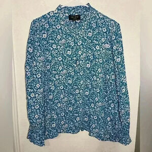 WYSE London Blue Floral Long Sleeve Frill Button Down Blouse Top Womens Size 3